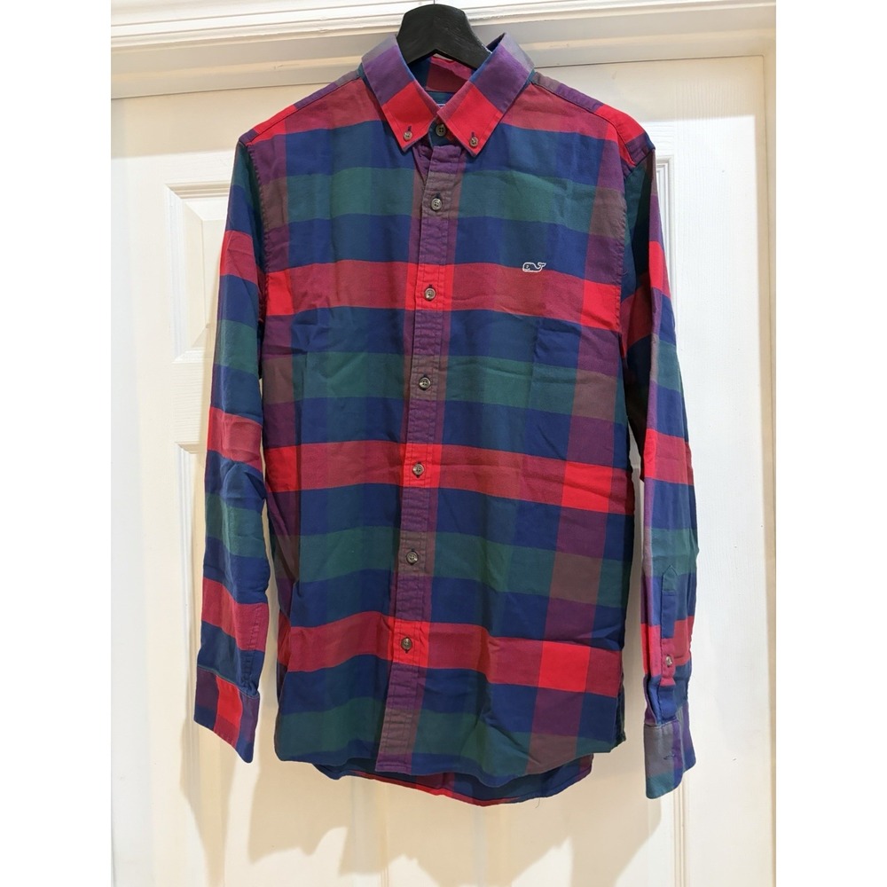 Vineyard Vines Slim Fit Whale Shirt Men M Red Blue Plaid Button Down Stretch